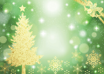 クリスマス背景、イルミネーション、イラスト、シルエット、キラキラ、かわいい、横、緑