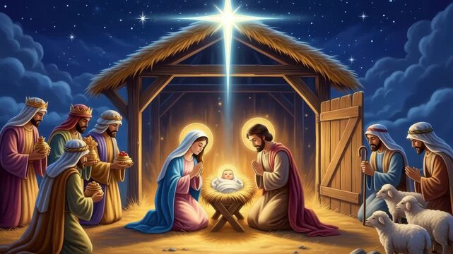 Nativity scene in stable An infant rests in manger illuminated by brilliant star Mary and Joseph kneel while wise men shepherds and sheep observe under starry night