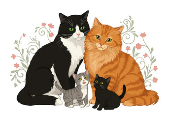 charming illustration of a cat family, featuring two adult cats and two kittens, surrounded by floral elements.