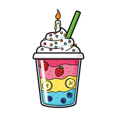 Colorful Layered Smoothie with Whipped Cream and Candle.