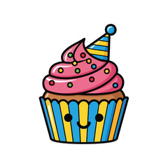 Cheerful Cupcake with Party Hat and Sprinkles Illustration.
