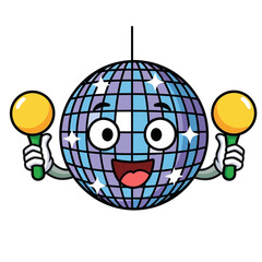 Happy cartoon disco ball character holding maracas.