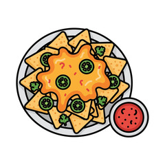 Cartoon Illustration of Nachos with Cheese and Jalapenos.