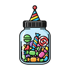 Cute cartoon jar of assorted candies with a birthday hat.