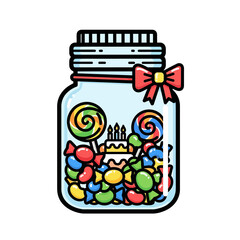 A delightful glass jar filled with an assortment of colorful candies and a small birthday cake.