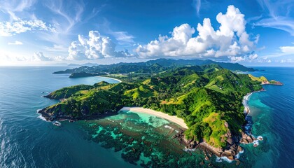 Fototapeta premium Panoramic Aerial View of Lush Tropical Island with Turquoise Waters and White Sand Beaches Under a Bright Blue Sky with Scattered Clouds