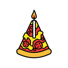 A slice of pizza shaped like a birthday hat with a candle.