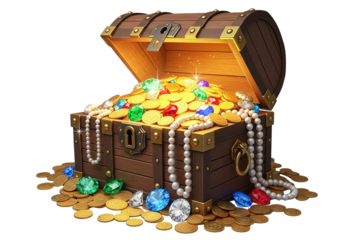 Open Treasure Chest Full of Gold and Jewels on Transparent Background