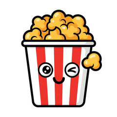 Cute Popcorn Bucket with Winking Face and Happy Expression.