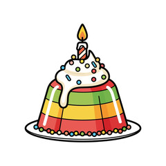 Colorful layered jelly birthday cake with a candle and sprinkles.