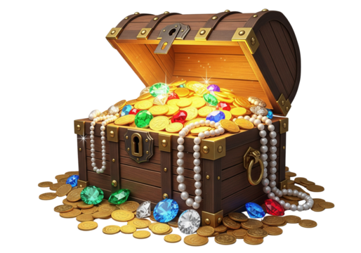 Open Treasure Chest Full of Gold and Jewels on Transparent Background