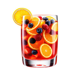 Fruity beverage inside glass. Sliced oranges and berries are included