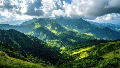 Fototapeta premium Lush Green Mountain Range Under Cloudy Skies On Sunny Day Aerial View Scenery with Rolling Hills and Distant Peaks Natural Beauty Landscape
