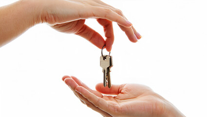 Hands exchanging silver keys on white background giving receiving