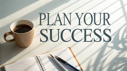 Inspirational workspace scene with coffee, notebook, and sunlight casting shadows for planning success and productivity