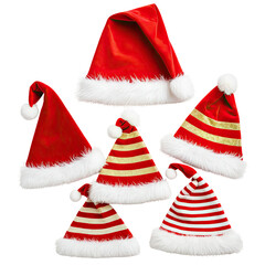 Group of Santa hats. Holiday themed collection with white fur trim