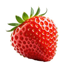 A vibrant, ripe strawberry with green leaves against black backdrop