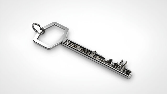 Silver key with cityscape design buildings architecture - Powered by Adobe