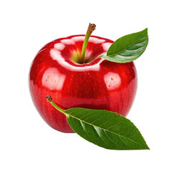 Shiny, red apple with green leaves isolated against a black background