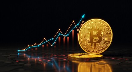 Futuristic illustration of a glowing Bitcoin coin rising with neon financial graph, dark dimensional background, cyber light effects, vibrant reflections, modern digital finance theme, luminous golden