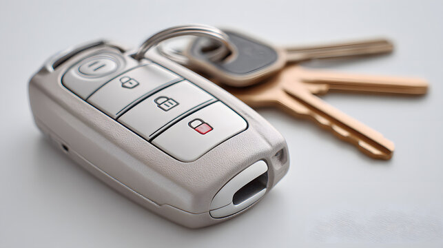 A close-up shot of car keys, including a key fob and traditional keys. The keys are set against a neutral backdrop