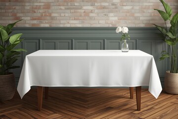 Fabric space satin on desk template. Kitchen wood table clean textile overlay. Setting cafe table.
