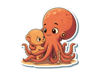 Friendly octopus hugging a cute bear cub on a sandy surface.