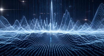 Dynamic digital data streams surge and flow across a dark abstract landscape, visualizing complex information networks and future technology.