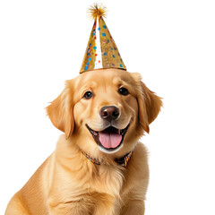 Happy golden retriever puppy wearing a party hat