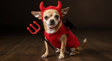 Chihuahua dog in devil costume for halloween sitting on wooden floor indoors
