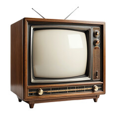 Wood-framed vintage television with rabbit ears antennas and round screen
