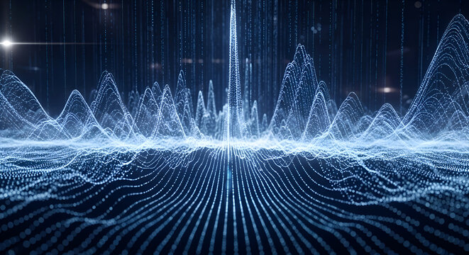 Dynamic digital data streams surge and flow across a dark abstract landscape, visualizing complex information networks and future technology.
