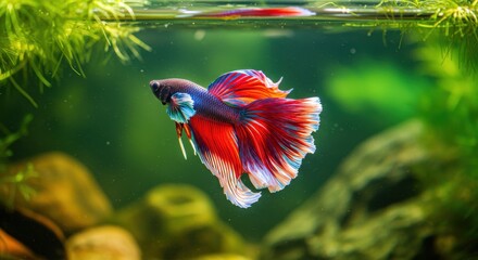 Beautiful red and blue betta fish swimming in a tank with green plants around