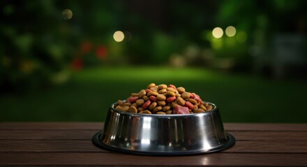 Closeup shot of a bowl full of dry pet food on a wooden surface at night