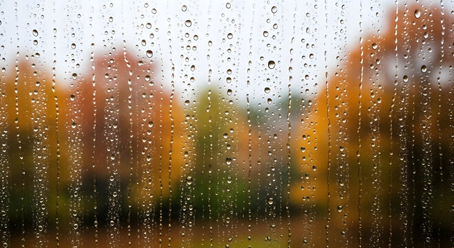 Rainy Autumn Day Window View with Colorful Blurry Trees and Water Droplets