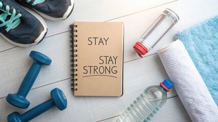 Fitness Motivation with Sneakers, Dumbbells, Water Bottle, Towel, and Journal on Wooden Floor for Healthy Living