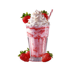 Delicious strawberry milkshake topped with fluffy whipped cream and garnished with fresh strawberries and a striped straw isolated on transparent background