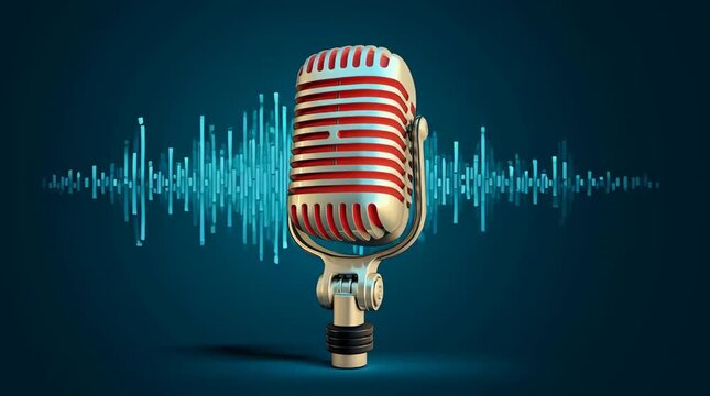 Vintage microphone sound waves recording studio audio equipment podcast voice broadcast retro mic
