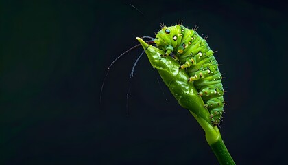 Naklejka premium Vibrant green caterpillar, a fascinating insect larva, meticulously rests on a tender plant shoot, showcasing nature's intricate details and the cycle of life with striking clarity