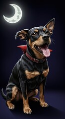 Obraz premium A cute dog dressed as vampire sitting under the moon cartoon illustration