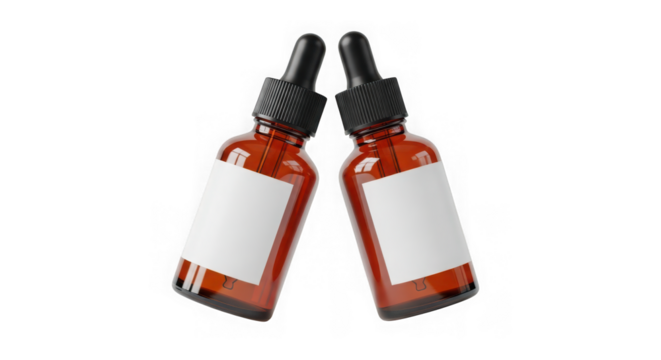 Two amber glass bottles with dropper isolated on transparent background