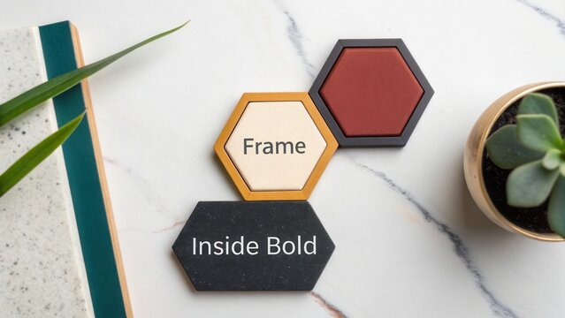 Stylish geometric shapes and color patterns with text display for modern design and creative projects on a marble surface