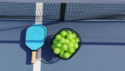 Concept of the sport of pickleball with a blue paddle and a basket of balls on a court next to the net