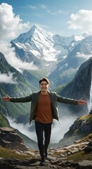 Young man standing in front of a mountain range with arms outstretched in joy