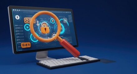 A computer screen displays a magnifying glass over a lock, representing data security