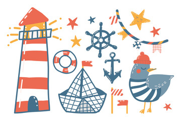 Set of children’s illustrations on a nautical theme: lighthouse, seagull, boat, anchor, steering wheel, lifebuoy, flags. Bright palette, playful hand-drawn style. Isolated design elements on white