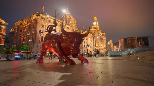 Shanghai Bund Bull with Illuminated Historic Buildings