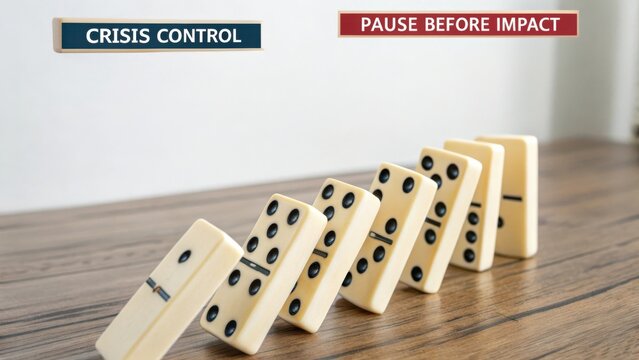 Crisis Management and Decision Making Concept with Dominoes Representing Control and Consequence on Wooden Background