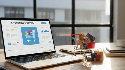 laptop displays an e-commerce dashboard with charts and shopping cart icon A miniature cart holds gifts bags and credit card while small bags and gifts sit beside it on sunlit wooden desk - Powered by Adobe