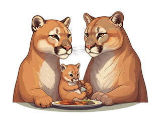 Cartoon illustration of a cougar family eating dinner together at a table.